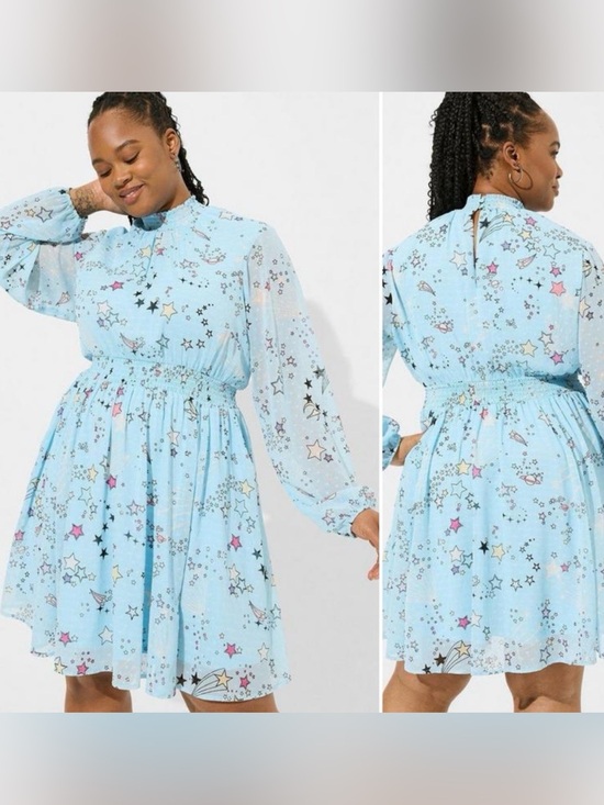 torrid Dresses & Skirts - Torrid Womens Dress Blue Celestial Blouson Sleeve Mock Neck Cosmic Plus Size 2X